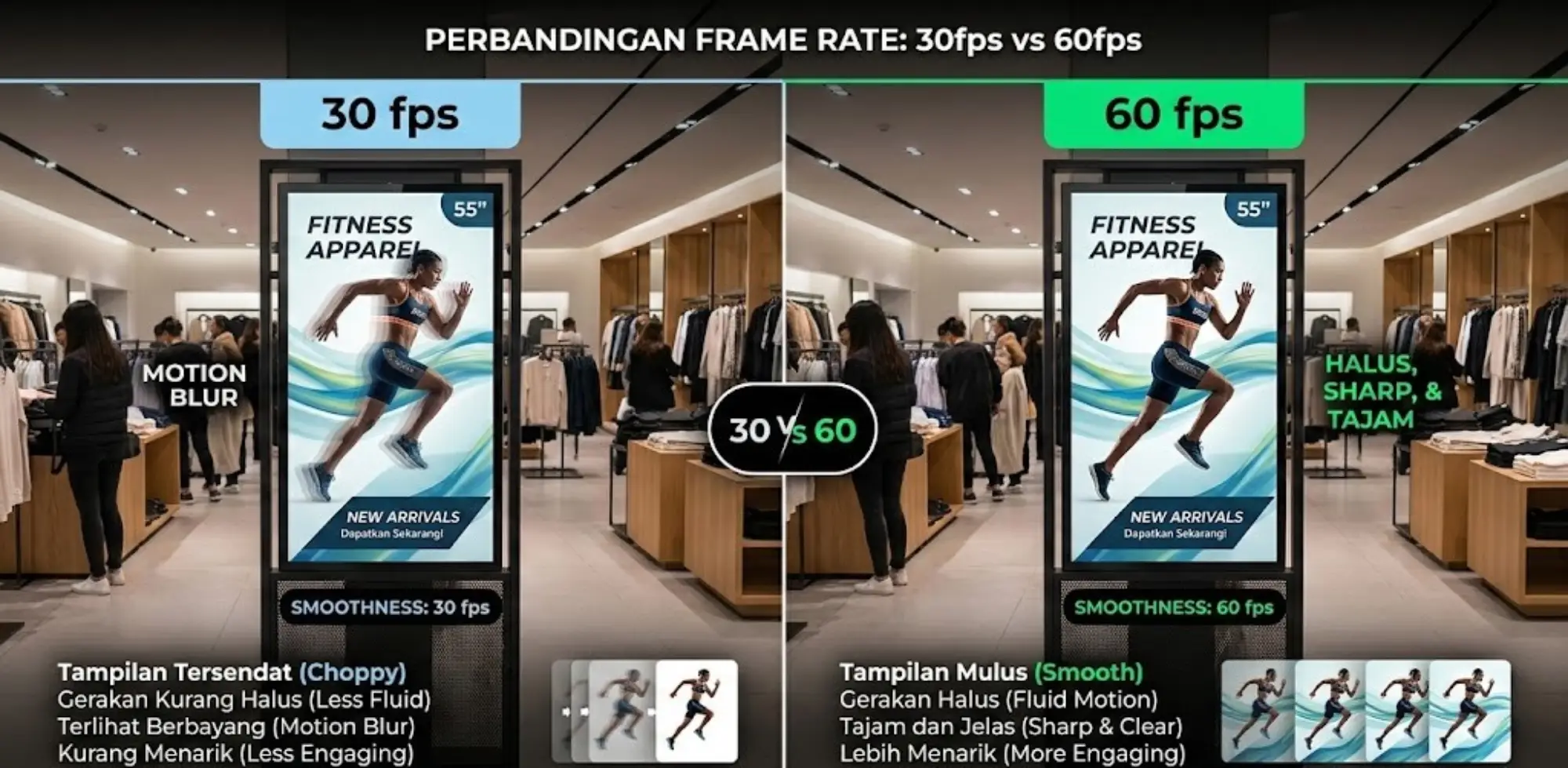 perbedaan frame rate 30fps dan 60fps untuk konten signage